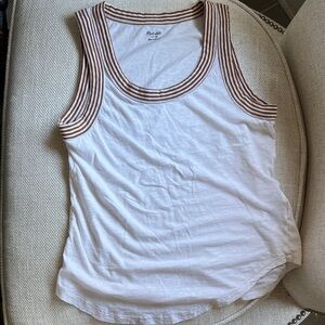 Madewell Fitted White and Brown Ringer Sleeveless Tank Top